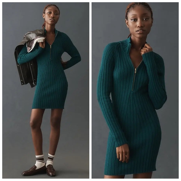 Pilcro Quarter Zip Sweater Dress Ribbed Knit Blue Green Medium Anthropologie - Picture 1 of 9